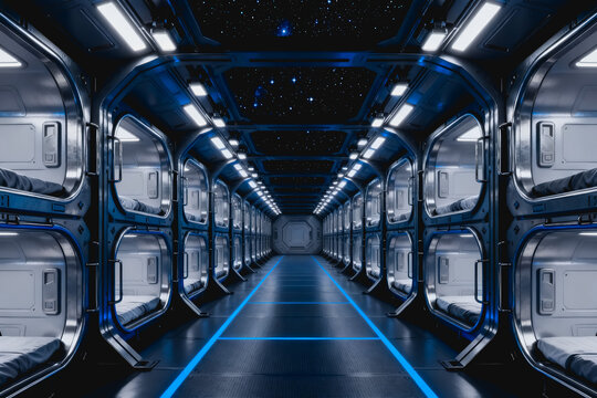 A futuristic space station corridor lined with stacked capsule living units, with starry sky visible through overhead windows.