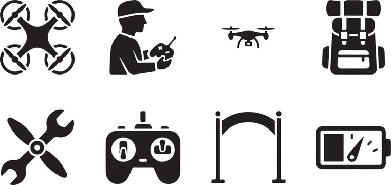 Drone racing equipment and accessories organized on a white background with clean graphic icons