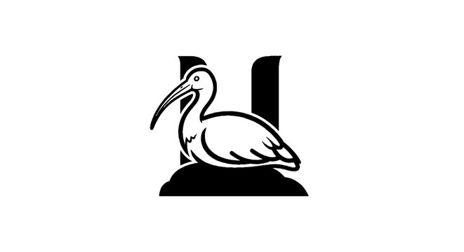 Elegant black and white ibis bird illustration.
