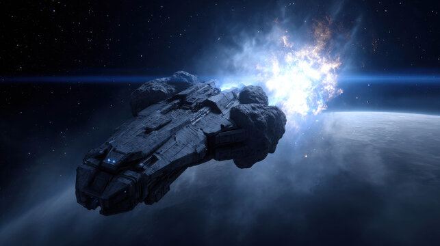 A spaceship is shown exploding in the vastness of space, with a planet in the background and bright light and debris filling the scene