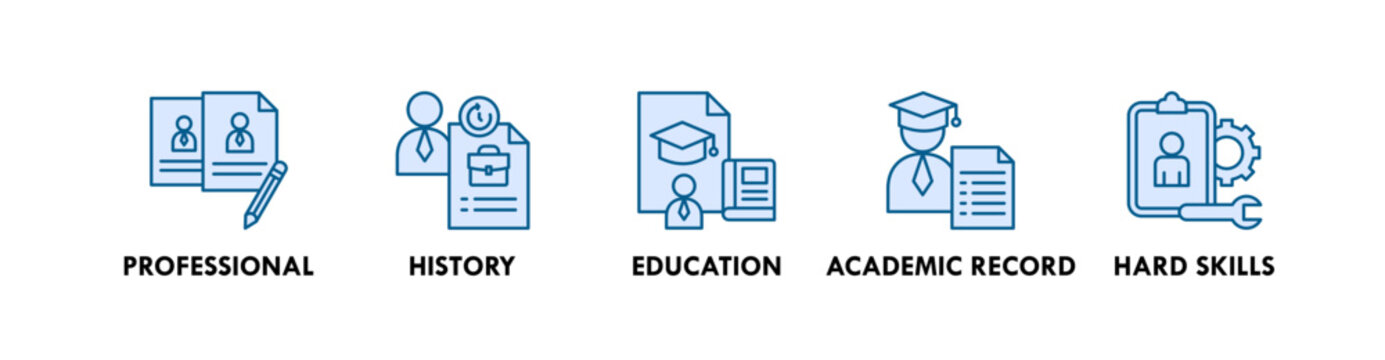 Curriculum Vitae banner web icon illustration concept with icon of professional, history, education, academic record, and hard skills