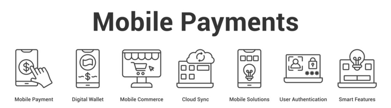 Mobile Payments web banner icon set vector illustration concept for business with icon of Mobile Payment, Digital Wallet, Mobile Commerce, Cloud Sync, Mobile Solutions, User Authenticati.