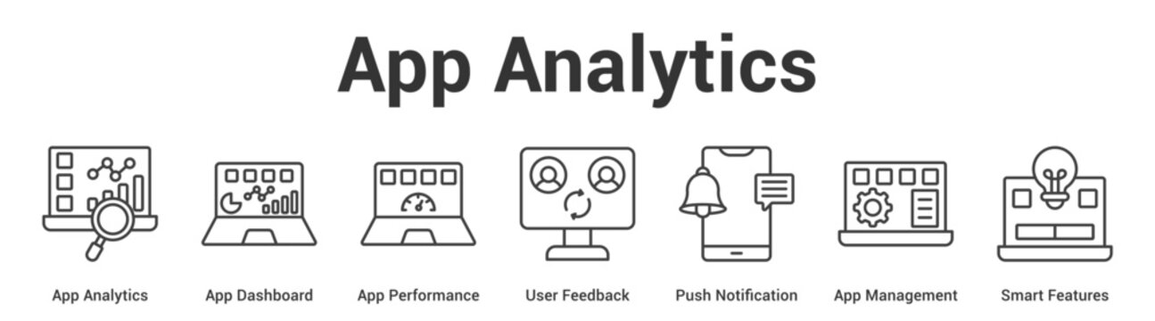 App Analytics web banner icon set vector illustration concept for business with icon of App Analytics, App Dashboard, App Performance, User Feedback, Push Notification, App Manageme.