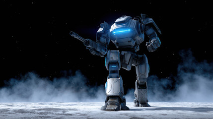 Obraz premium A futuristic robotic warrior stands on an icy plain under a starry sky, its chest glowing with blue light and holding a weapon