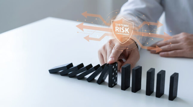 Systemic risk containment concept with hand stopping falling dominoes representing macroeconomic volatility and financial stability protection