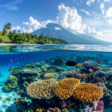 Tropical Island Split View with Volcano and Vibrant Coral Reef