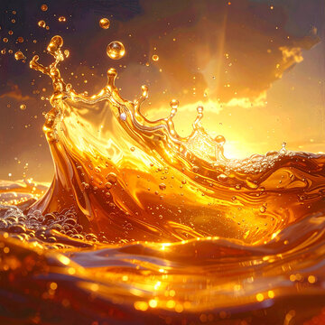 Dynamic Golden Liquid Splash in Warm Sunlight with Bubbles