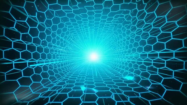 Futuristic digital tunnel with glowing hexagonal grid and bright light in blue cyber technology background