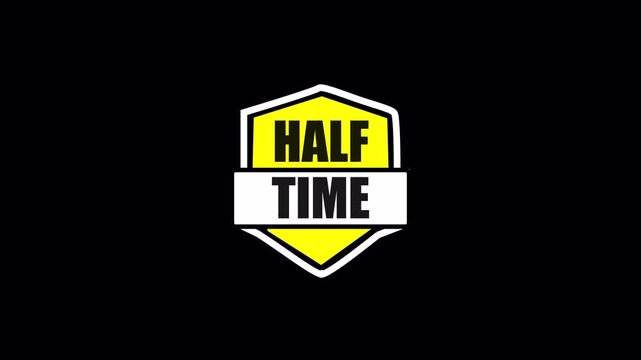 A yellow half time shield badge on a black background, designed for sports breaks, match intermissions, and energetic events.