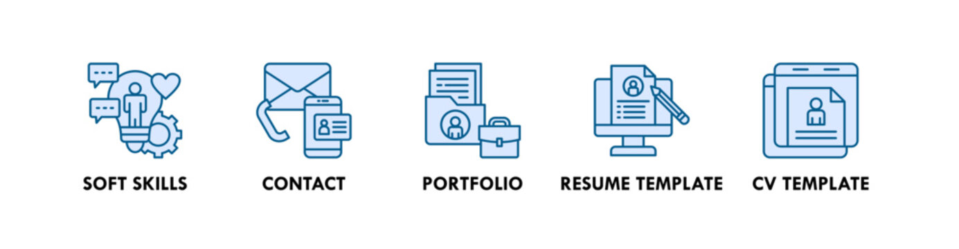 Curriculum Vitae banner web icon illustration concept with icon of soft skills, contact, portfolio, resume template, and cv template