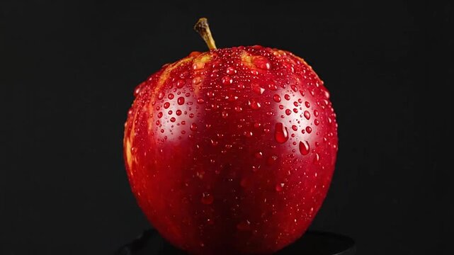 A fresh red apple covered in water droplets against a black background