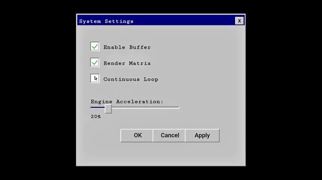 Retro computer system settings window with user interaction checkboxes and slider adjustment