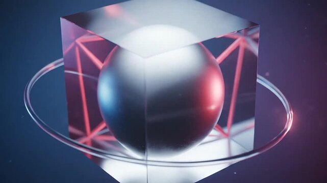 Abstract metallic sphere enclosed in a glass cube with a glowing ring