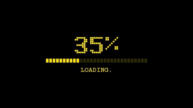 Pixelated yellow loading bar with percentage on black screen digital progress technology