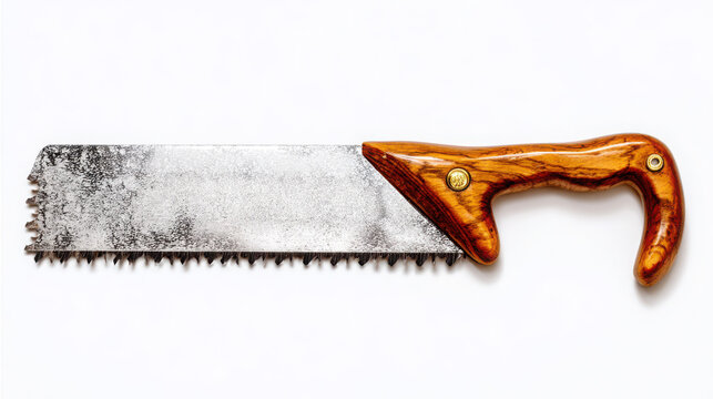 Vintage handsaw with wooden handle on white background