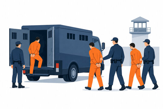 Flat vector illustration of correctional officers escorting handcuffed prisoners to a transport van, representing criminal justice, law enforcement, security operations, and detention procedures.