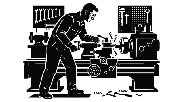 worker operating lathe machine in workshop silhouette industrial manufacturing engineer mechanic tools