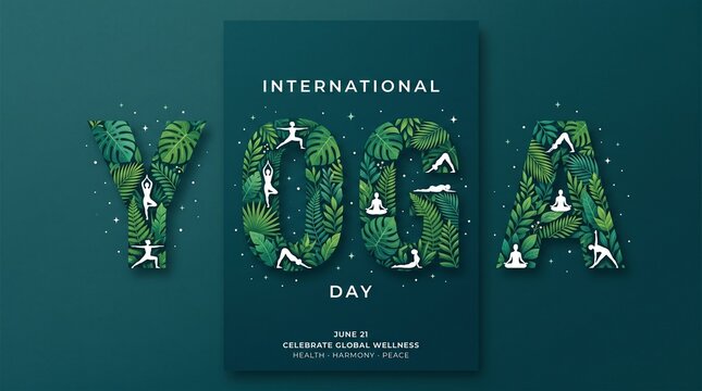Celebration graphic design for International Yoga Day featuring stylized letters with yoga poses and leaf patterns
