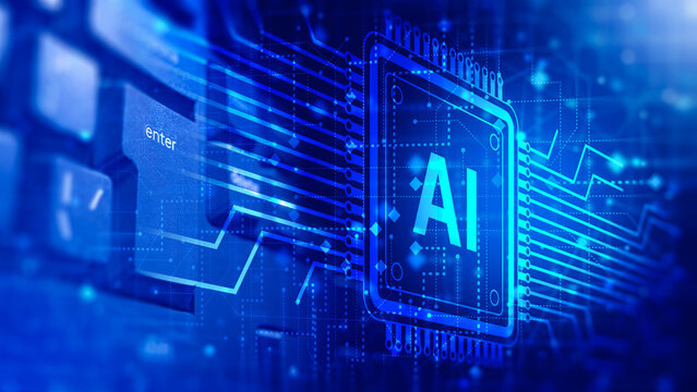 Artificial intelligence, Digital computing. AI processor and electronic circuit interface represent machine learning and advanced data processing technology 3D image