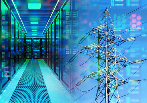 Energy infrastructure, Data center operations. Server room and high voltage power transmission tower represent electricity supply for digital networks