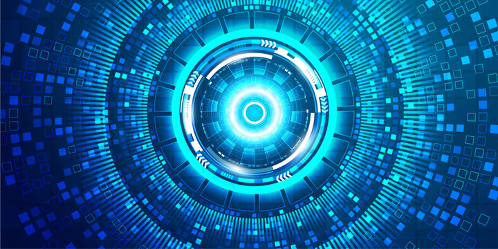 Cybernetic tunnel background with blue glowing concentric circles and pixelated digital data stream elements.