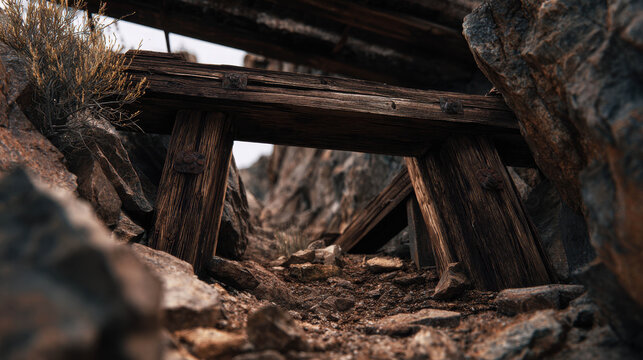 An abandoned wooden mine entrance carved into a rocky hillside, evoking a sense of history and ruggedness
