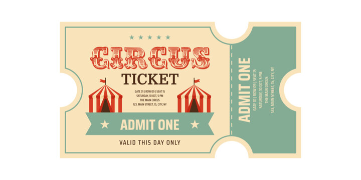 Retro circus ticket with striped circus tents and admit one in vintage amusement park style. Mid century Americana vector illustration