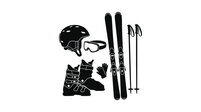 ski equipment set in black silhouette skis helmet goggles boots poles gloves