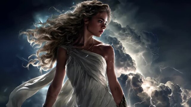 Maya Aztec civilization, Mexico culture. Mysterious, fantasy. A detailed digital artwork depicts a woman with long, wavy blonde hair, standing against a stormy sky.