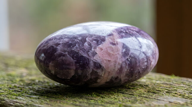 Polished Purple Lepidolite Gemstone Resting on a Weathered Mossy Wooden Surface Captured in Natural Light