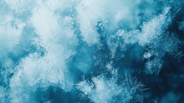 Frozen pattern on winter glass. Blue ice frost background, texture blue wallpaper. Crystals of snow on window surface. Screen overlay abstract design