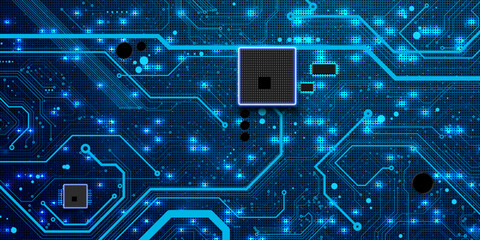 Fototapeta premium Close-up of computer processor and microchips on a digital circuit board.