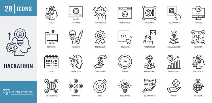 Hackathon icons set. including technology, startup, prototype, coding, challenge, innovation, collaboration, development. editable stroke. vector illustration