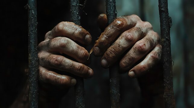 Extreme close-up of two hands of a man inside a prison holding the cage bars. Concept of imprisonment and captivity. Isolated on a black background with copy space. Blank wide banner.