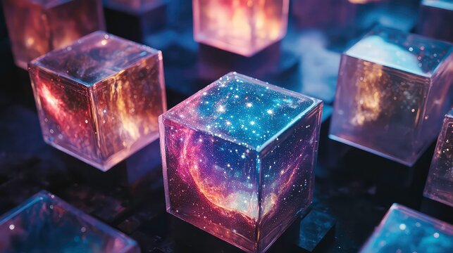 Floating cubes filled with miniature galaxies.