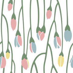 Obraz premium Delicate pastel flower buds on green stems in a repeating pattern isolated on white background
