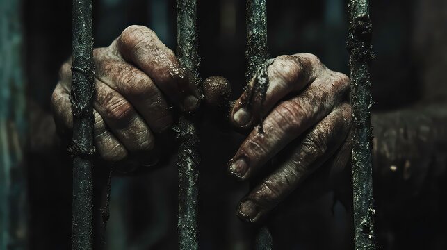 Extreme close-up of two hands of a man inside a prison holding the cage bars. Concept of imprisonment and captivity. Isolated on a black background with copy space. Blank wide banner.