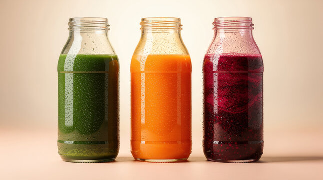 Colourful cold-pressed juices in glass bottles, healthy detox beverages, wellness nutrition drinks and natural refreshment concepts