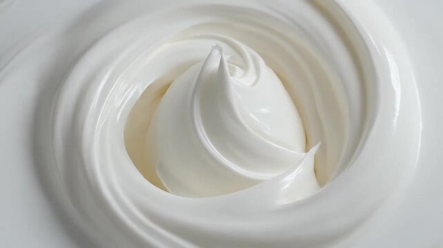 A close-up shot of smooth white cosmetic cream swirled in a circular pattern