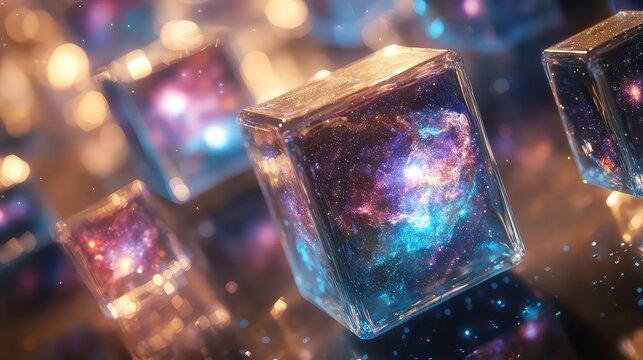 Floating cubes filled with miniature galaxies.
