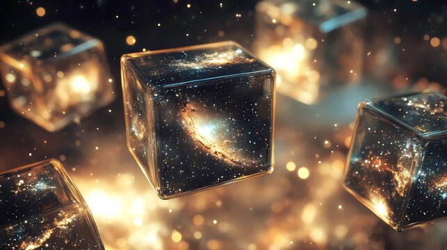 Floating cubes filled with miniature galaxies.