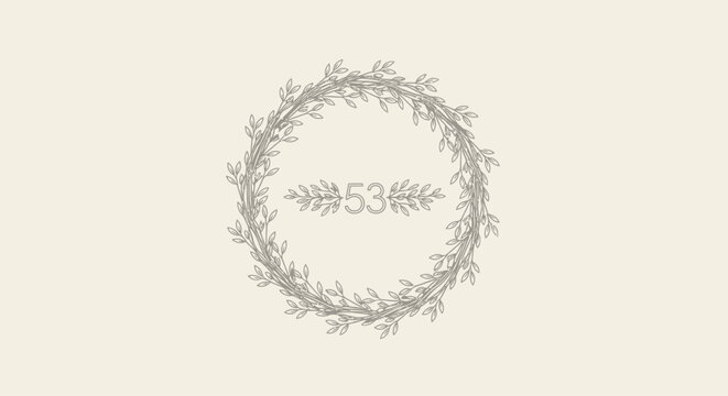 Elegant floral wreath with number 53 and leaves, vintage design, soft background