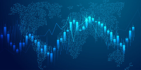 Global stock market chart with world map background, business graph and candlestick chart on blue background. © Nahin