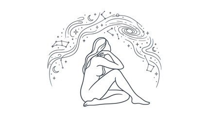 Woman Under Starry Galaxy Arch, Zodiac Constellations, Cosmic Dream © febri
