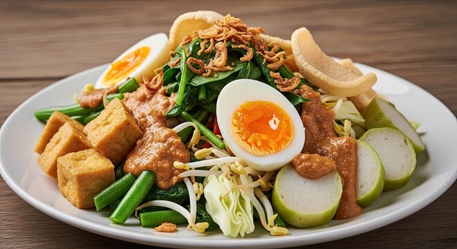 Gado Gado Indonesian Salad with Peanut Sauce and Boiled Eggs.