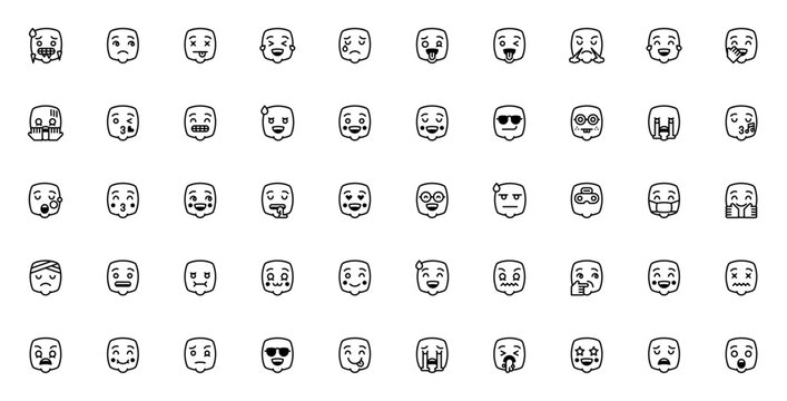 Emoji icon set. Minimal vector icons pack. Featuring cold, sad, dying, laughing, sob, crazy, tongue out, breathing, amused, scared, kiss, grinning, shocked and more. Editable vector stroke.