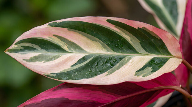 Close-up of a beautiful variegated Stromanthe Triostar leaf with pink and green colors