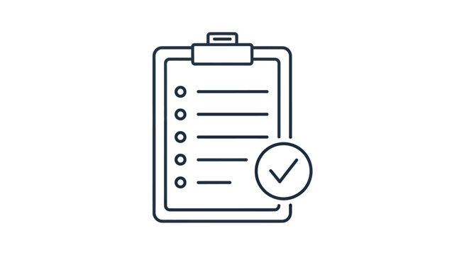 Minimalist clipboard with checklist illustration and checkmark.