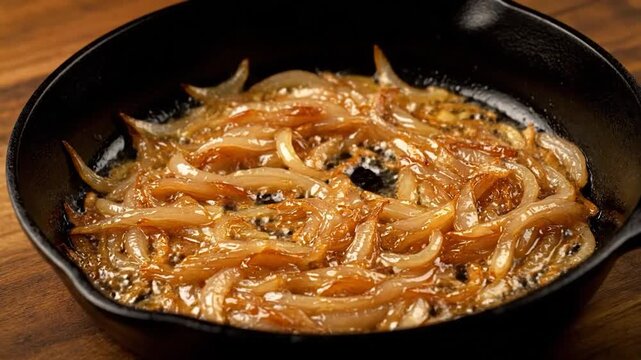 Caramelized Onions Saut?ing in a Cast Iron Skillet with a Wooden Spoon.