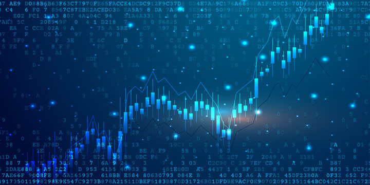 Financial stock market data analytics with binary code and glowing elements.